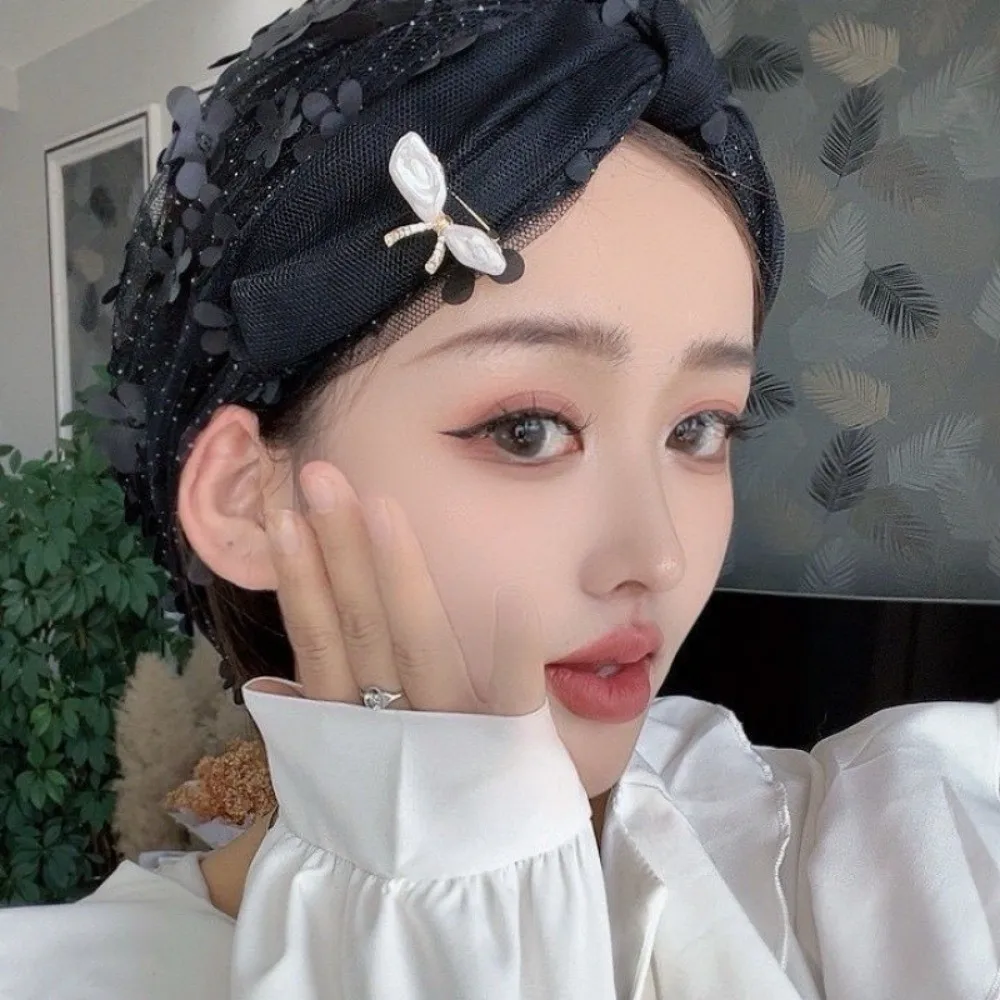 New Lace Flower Bonnet Hat Full Coverage Breathable Bohemian Headscarf Soft Wrinkled Faux Pearl Postpartum Cap Women's Accessory