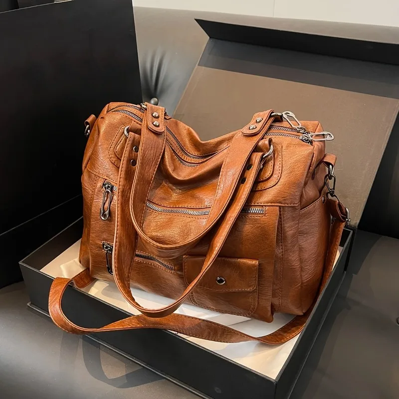 

1pcs PU Leather Large Capacity Tote Bag for Women Lightweight Multi-functional Shoulder Handbag Business Travel Office Purse