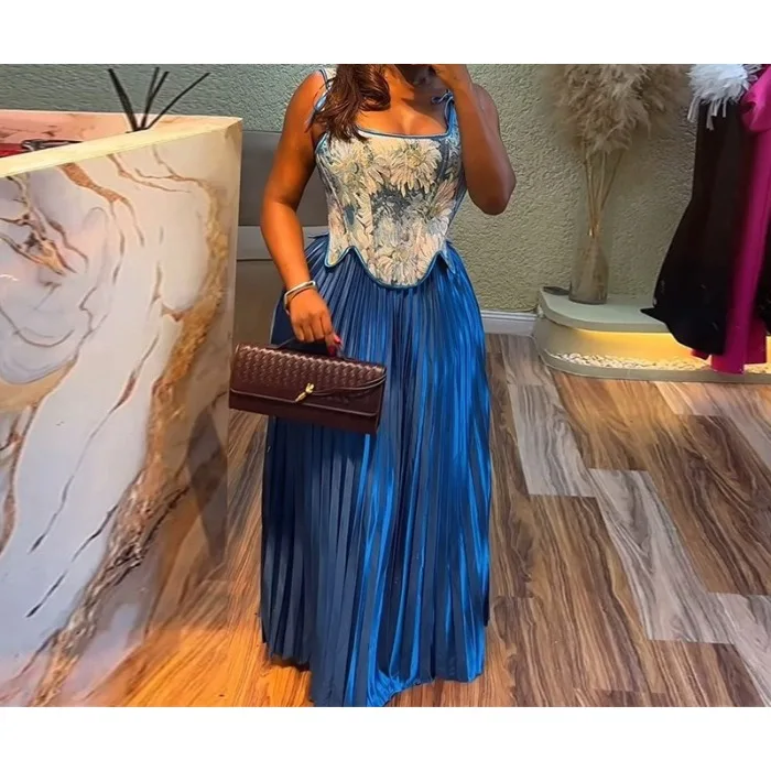 Women's Two 2 Piece Set Floral Print Waist-cinching Sleeveless Vest +Pleated Long Skirts Suit Summer 2025 Party Evening Outfit
