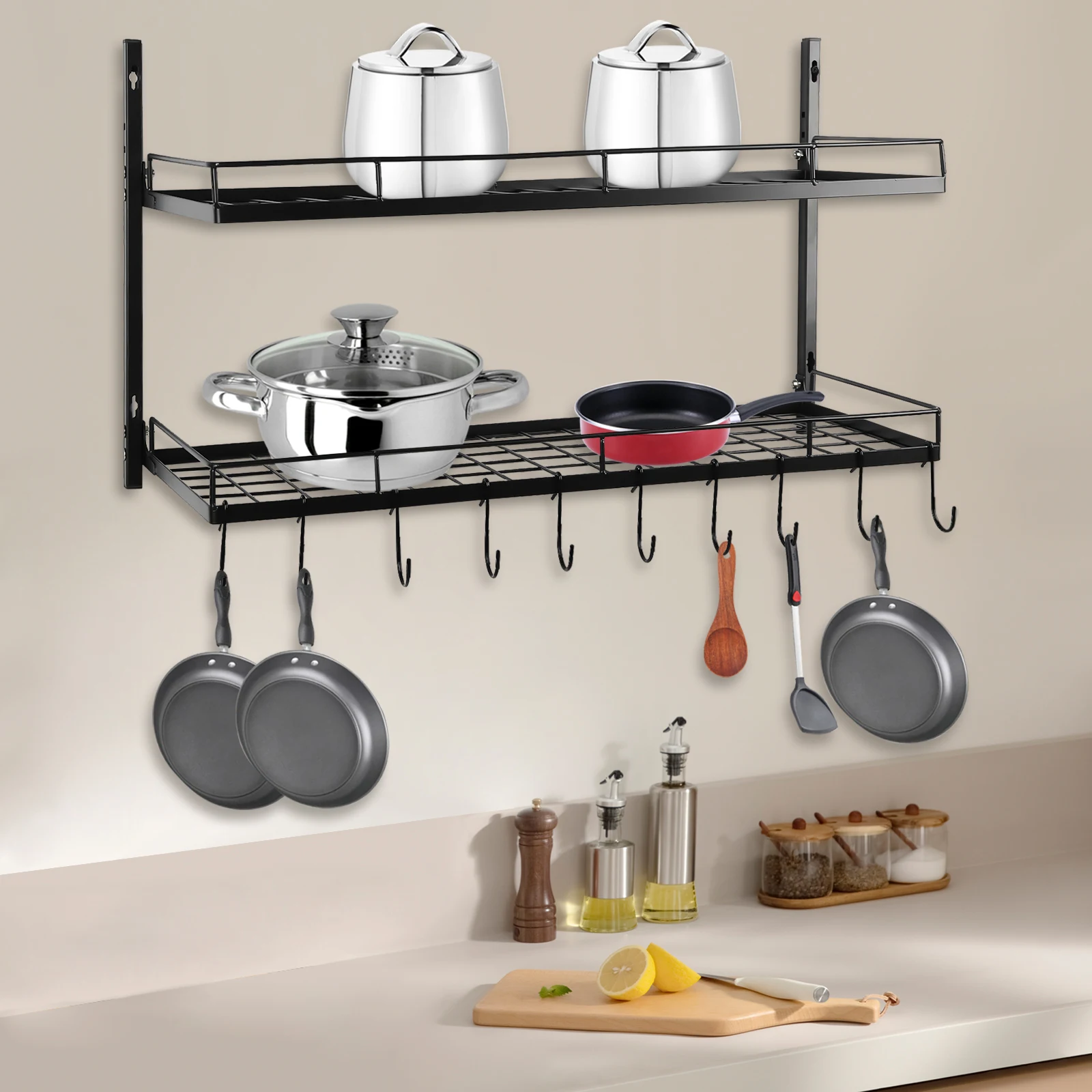 

2 Tiers Pot Rack Wall Mounted Storage Rack 41*26*68cm Kitchen Square Grid Pots Pans Organizer