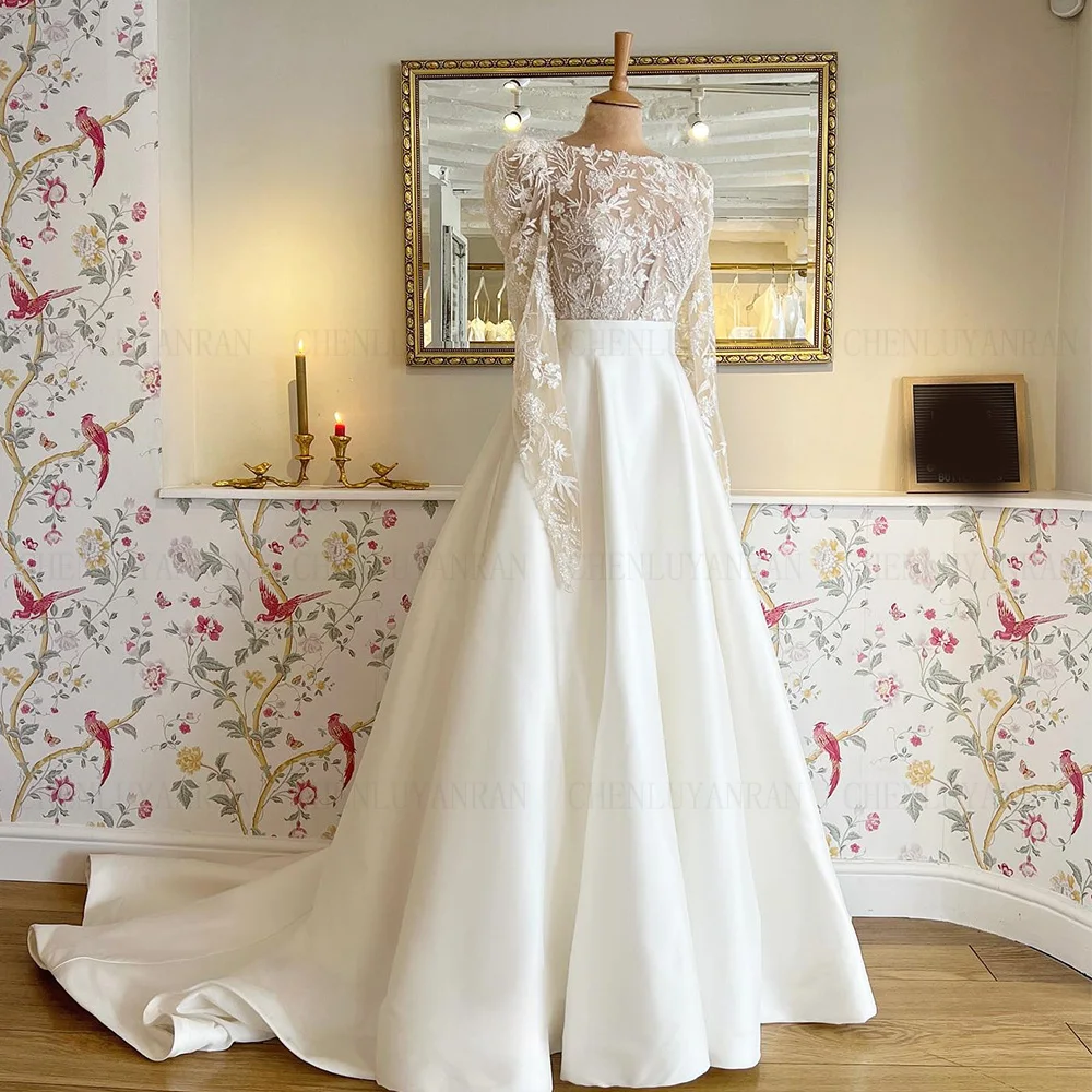 

Satin Beading Wedding Dresses For Women O-Neck Backless Sexy Long Bride Dress A-Line Button Lace Wedding Gowns Robe De Mariée