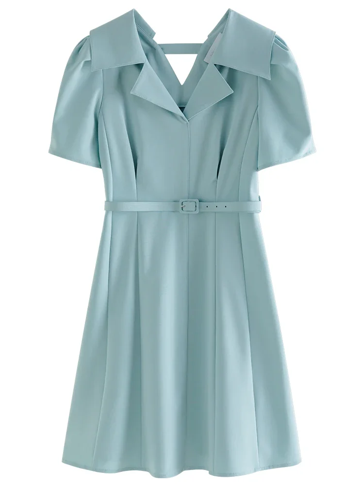 FSLE Turn-Down Collar Solid Office Lady Summer Knee-Length Dresses Puff Sleeve Temperament Short Dress For Women 【With Belt】