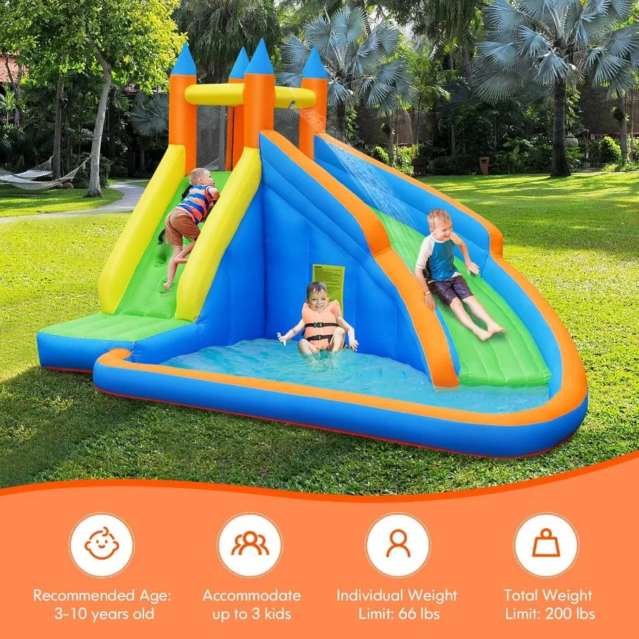 Aufblasbare Hüpfburg für Kinder, aufblasbare Wasserburg mit Rutsche, Kletterwand, Spritzbecken, aufblasbarer Türsteher mit Luftgebläse, Tragetasche B