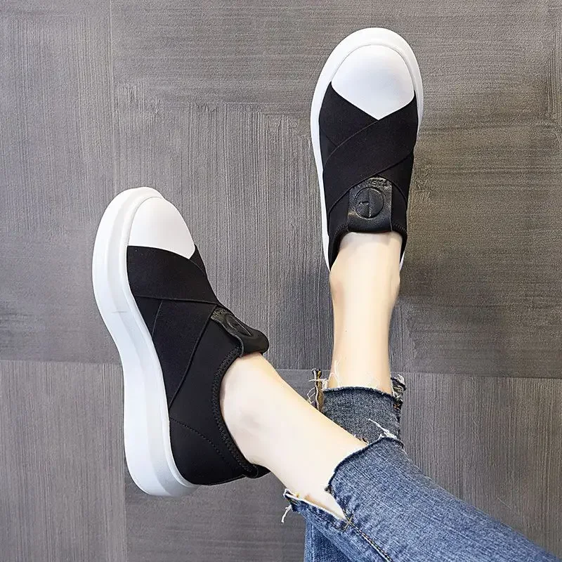 High on Platform Slip Black Ladies Shoes  Canvas Vulcanized for New Arrival 2024 Spring Quality Women Footwear Cotton Offer A In