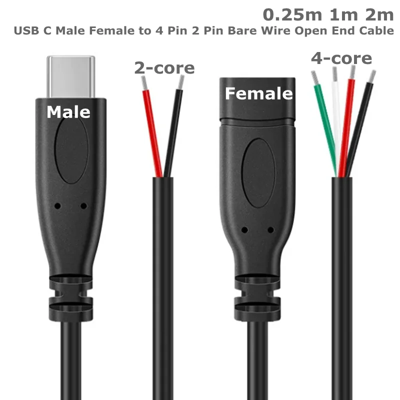 For DIY USB Type-C Male Female Pigtail Cable Extension Power Cable 22AWG 2 Wires 5v 3a Cables Cord 2 Pin 4 Pin Bare Wire