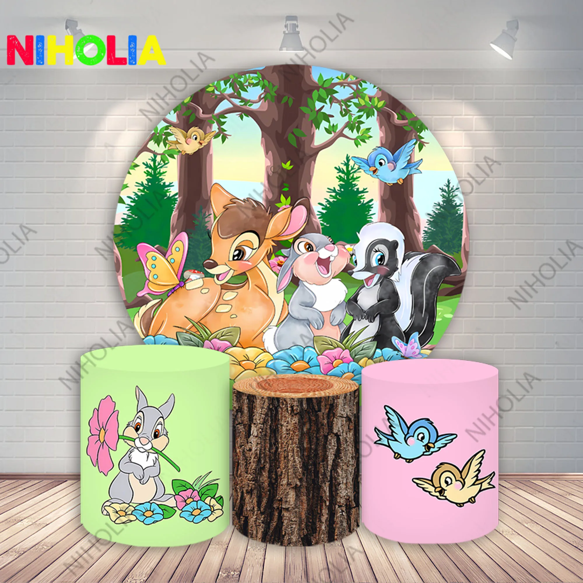 

Disney Bambi Round Backdrop Kids Birthday Party Cylinder Covers Baby Baptism Decoration Photography Background