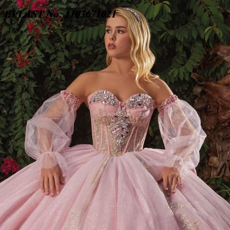 Evlast Roze Quinceanera Jurk Baljurk Goud Kant Applique Lange Mouw Kralen Strik Sweet 16 Vestidos De Xv 15 Anos Sq104