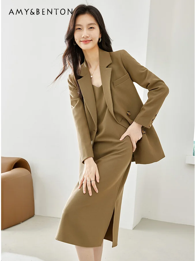 

Autumn Winter New High-Grade Temperament Cross Collar Loose Suit Jacket V-neck Mid-Length Sling Dress OL Two-Piece Set Women