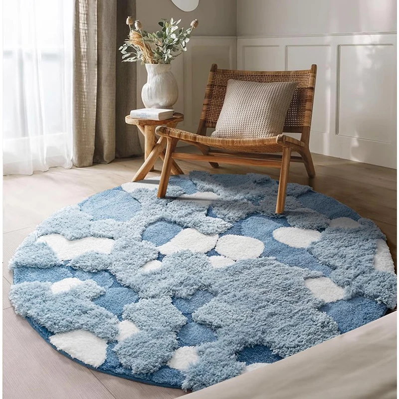 

Ins Blue Color Thick Flocking Carpet Kid Room Bedside Rug Irregular Home Door Mat Living Room Round Rug Bedroom Carpet Modern