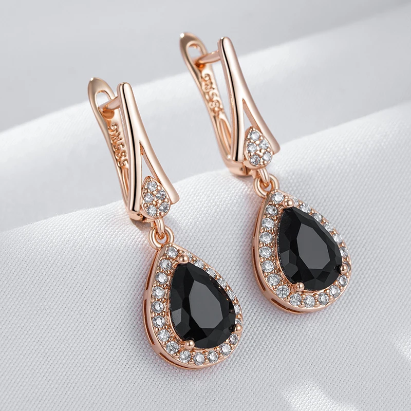 Kinel Hot Sparkling Black Natural Zircon Long Drop Earrings Women 585 Rose Gold Color Vintage Wedding Party Fine Daily Jewelry