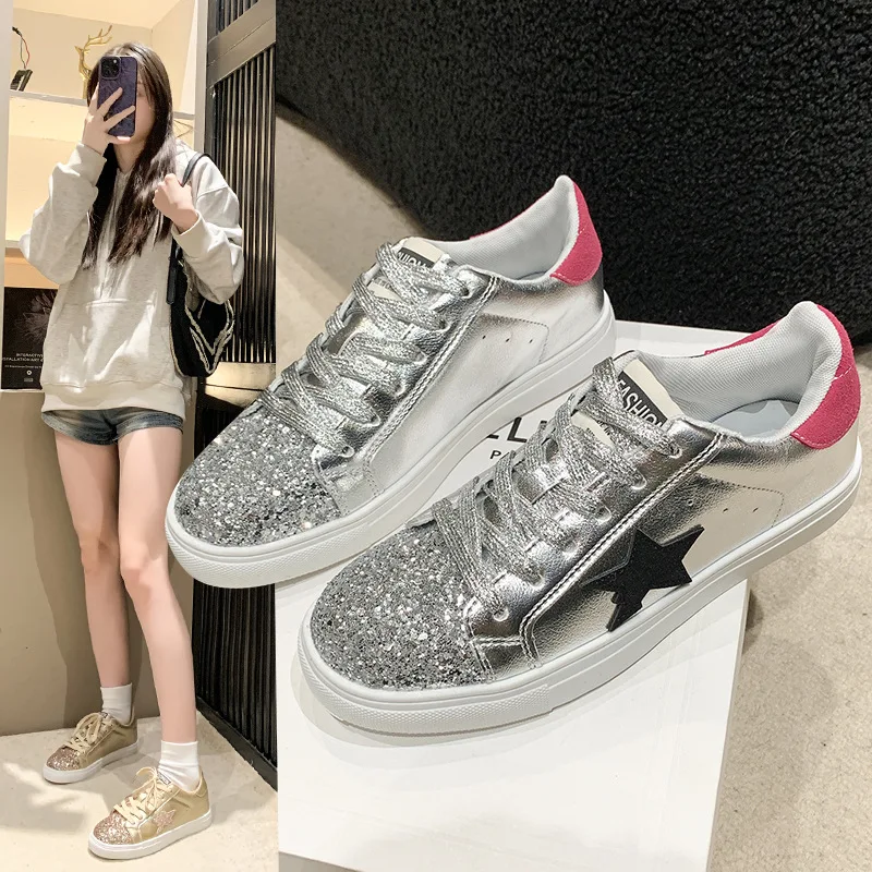 Cross border dirty shoes Korean version women new sequin sparkling silver retro couple star made old dirty women white shoes