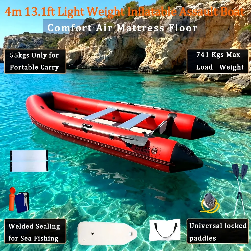 Solarmarine 13ft Inflatable Dinghy Boat Transom Sport Tender Boat air Deck Floor Fishing Kayak Can Install Outboard Engine