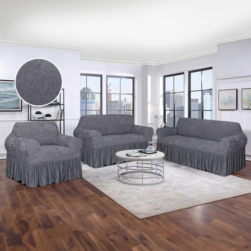 All-inclusive solid color jacquard pattern 94% elastic thickened non-slip protection modern sofa cover