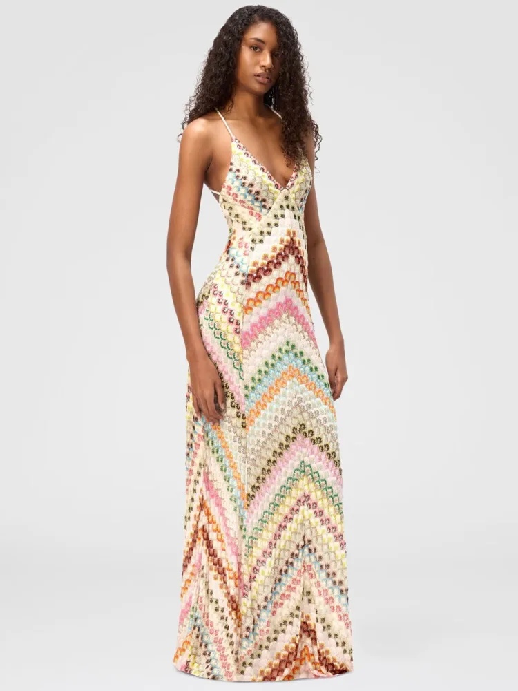 Chaxiaoa Veelkleurige Backless Gebreide Sexy Maxi Jurk Damesmode Spaghetti Mouwloze Hoge Taille Club Party Lange Jurken