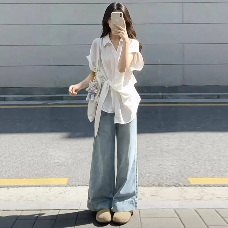 

Trendy Commute Outfit Set Women's Korean Style Asymmetrical Belted Waist Shirt High Waist Jeans Two Piece Set Casual Summer F...