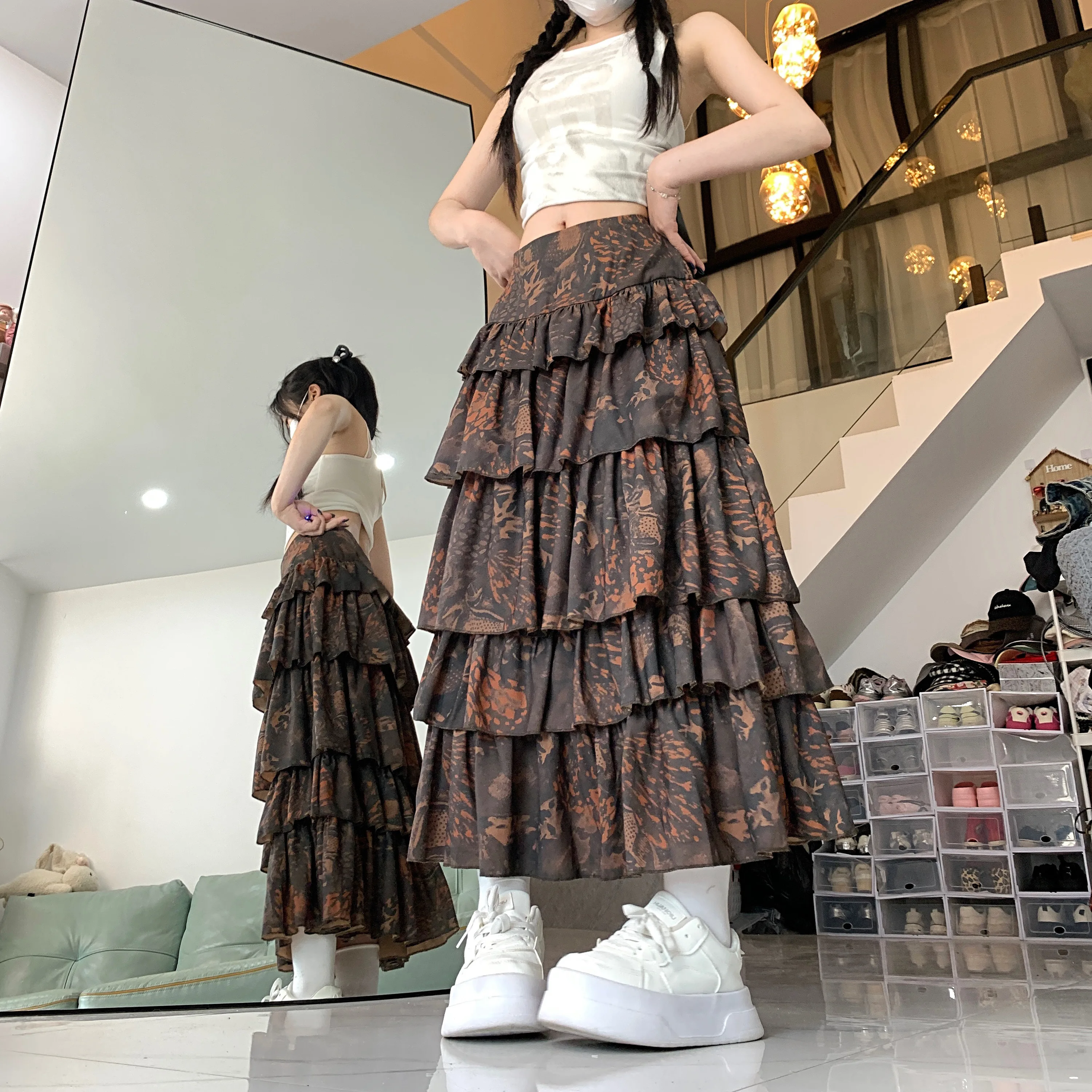 Midi Long Skirts Womens Ball Gown Skirt 2025 Goth Vintage Sring Summer High Waist High Low Ruched Ruffle Pleated Skirts rok