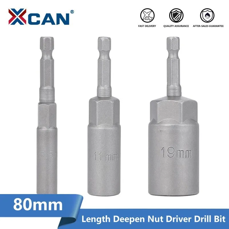 XCAN Impact Sockets 5.5-19MM 80mm Length Deepen Nut Driver Drill Bit 6.35MM Hex Shank Impact Socket Adapter for Power Tools