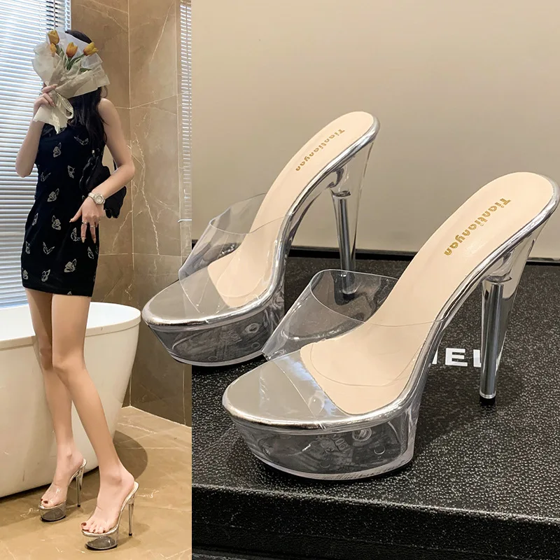 Slippers Women Summer Transparent Heel Female Shoes Low Square heel Slides Heeled Mules Platform Pointed Toe 2024 Block High