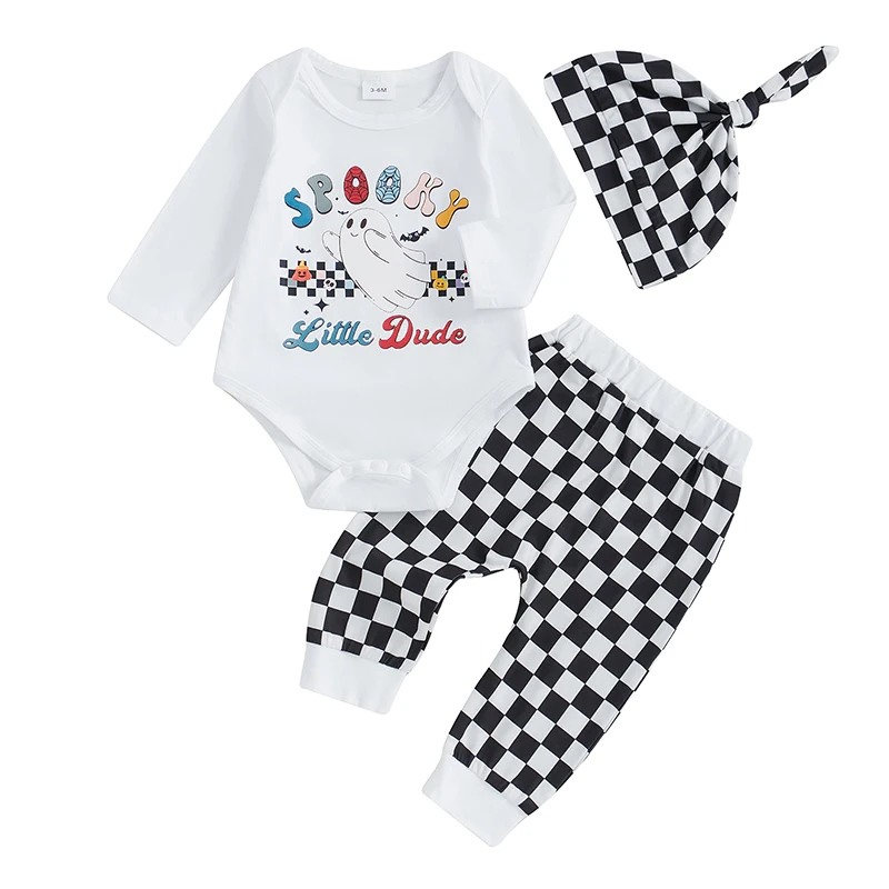 

3-Piece Baby Boy Halloween Set Letter Ghost Print Long Sleeve Romper Checkered Long Pants Hat Fall Outfits