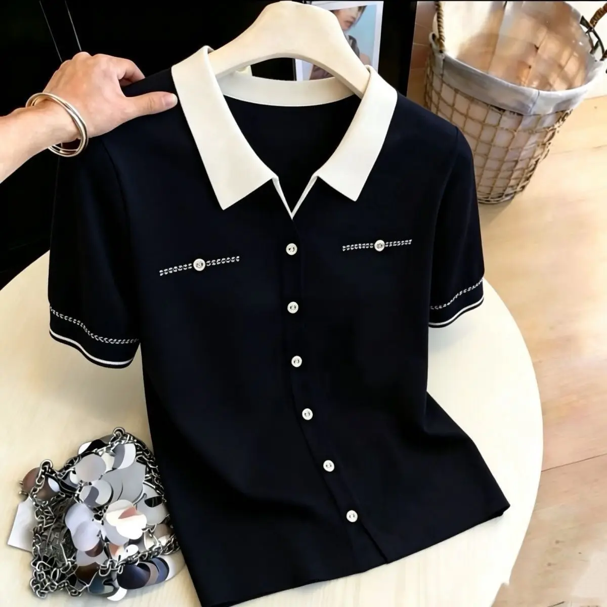Women Short Sleeve Knit Blouse Black Contrast White Collar Button Front Stitch Detail Slim Fit Casual Office Work Summer Top