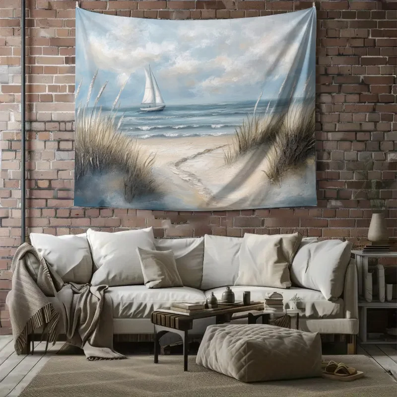 Captivating Beach Ocean Tapestry Wall Hanging Coastal Seaside Sailboat Landscape Art Print for Bedroom Living Room Nautical Ocea