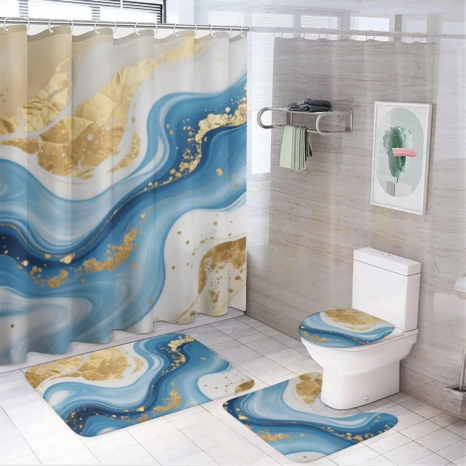 

Набор из 4 занавесок для душа в ванной комнате, золотисто-синий, белый мрамор с водонепроницаемой занавеской для душа 72 x 72 дюйма, нескользящий коврик, крышка унитаза Co