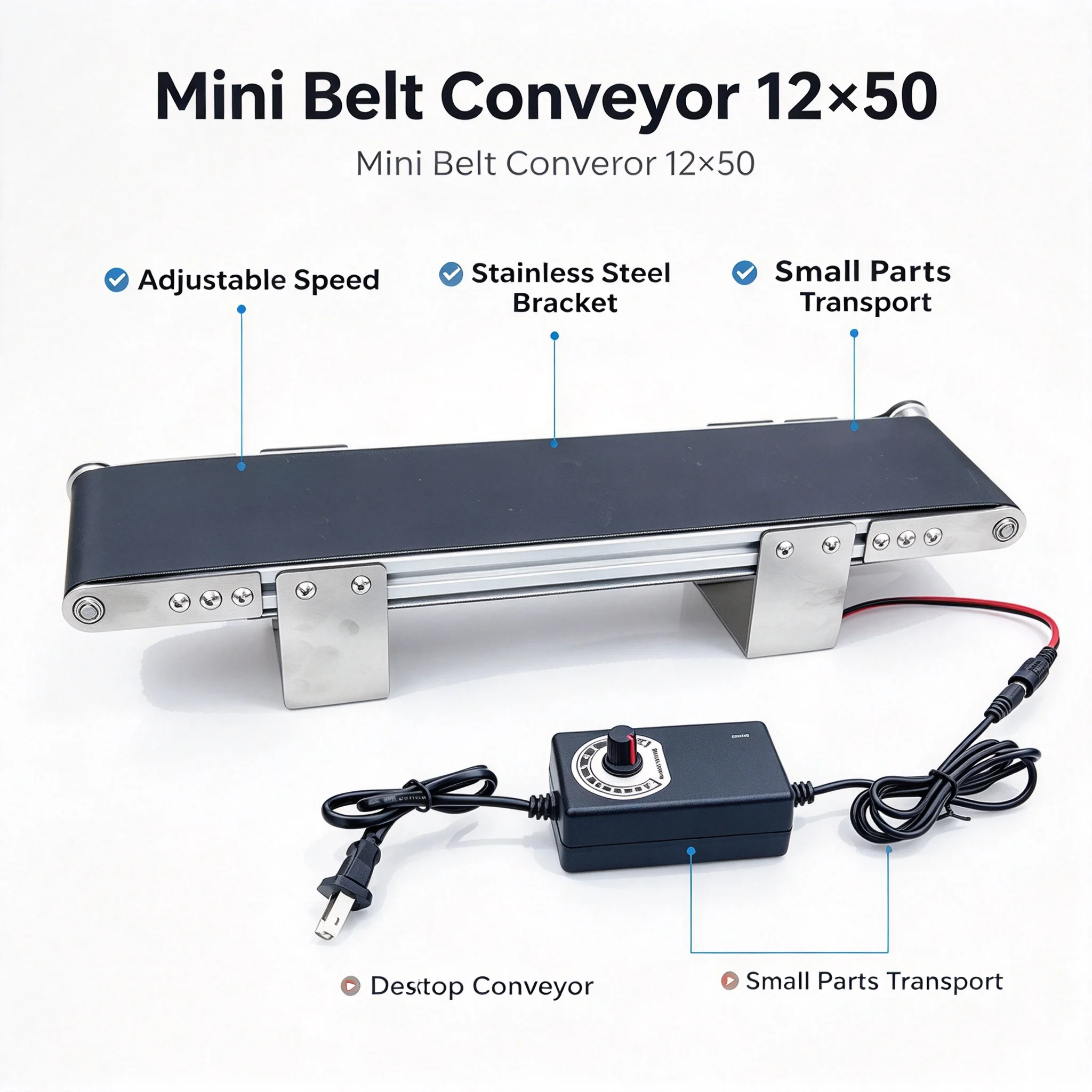 12x50cm Metal Desktop Conveyor Belt Small Assembly Line Electric Conveyor Belt Student Friction Experiment Teaching AC100-240V