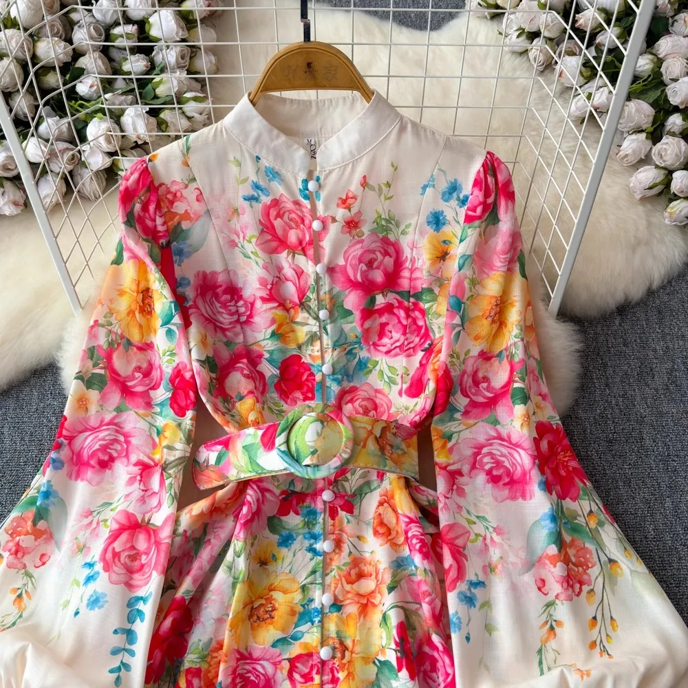 Women Elegant Floral Print Stand Ruffles Mini Dress Summer Long Puff Sleeved High Waist Linen Vestido Female Beach Vacation Robe