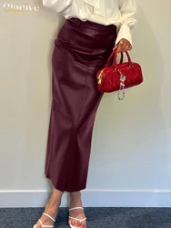 Clacive Fashion Slim Wine Red Pu Leather Skirts For Women Bodycon High Waist Midi Skirt Elegant Classic Skirt Female Clothing