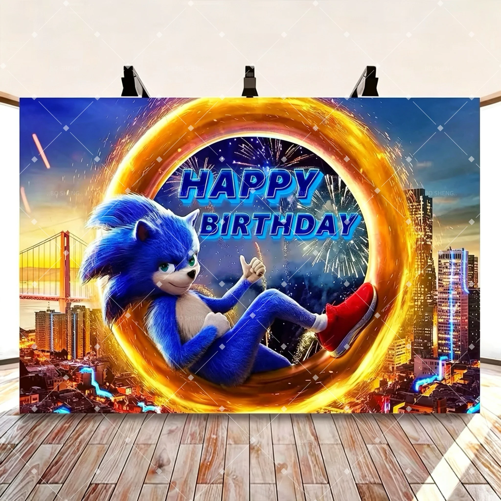 Blue Hedgehog Photography Backdrop Children's Birthday Party Custom Name Boy Favors Decor Wall Photo Backdrop Banner Booth Props view 3