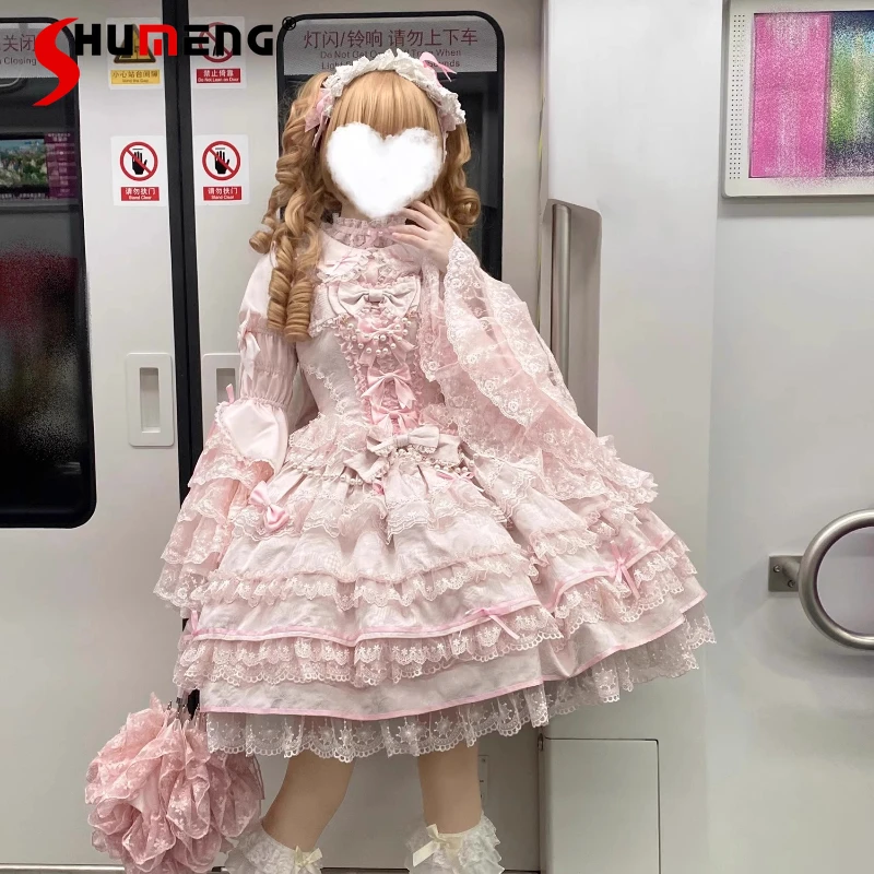 

Japanese Girls Pink Lolita Style Suspender Dress Jsk Women's Daily Sweet Kawaii Princess Dress Ji Sleeve Bottoming Shirt Tops