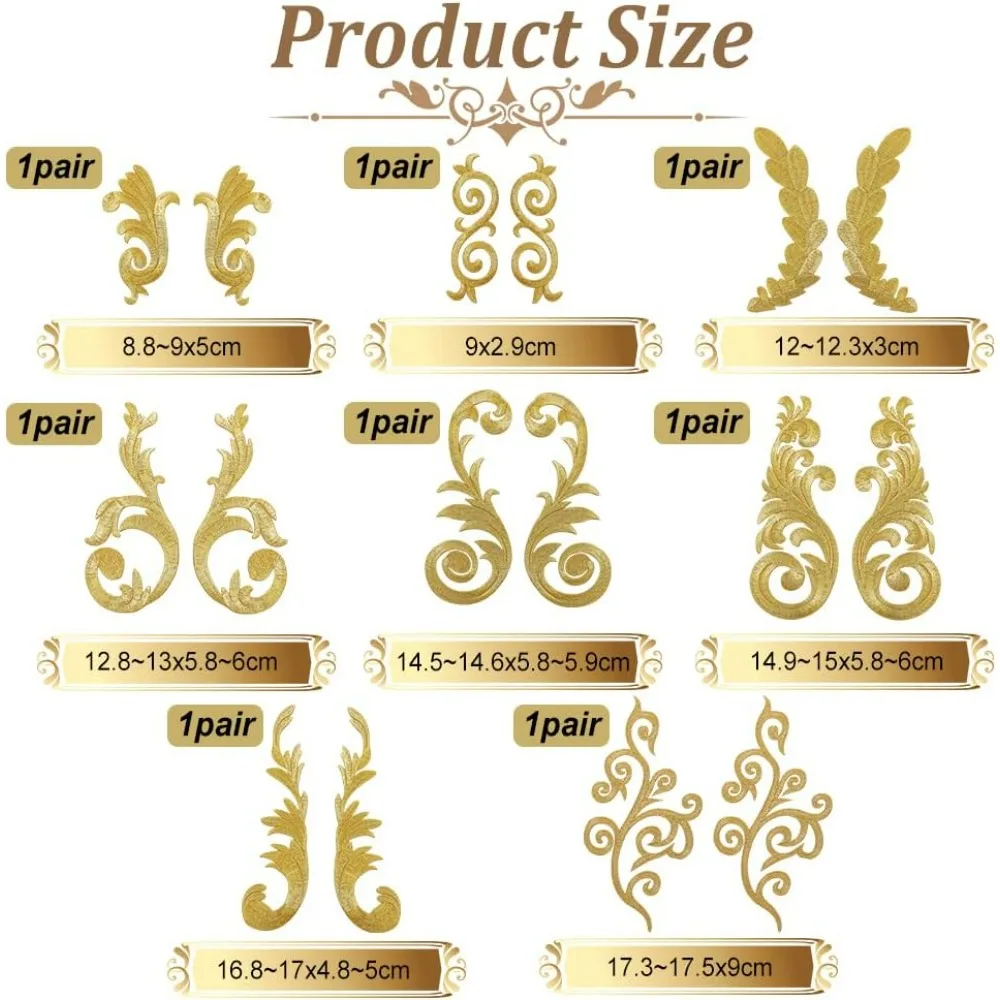 8 Pairs Leaf Flower Embroidery Applique Golden Ethnic Style Sew Iron On Leaf Wreath Patch Flower Embroidered Applique