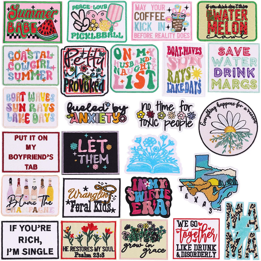 Summer Rectangle Words Ltters Writing Iron-on Sew Embroidery Badge Patches DIY T-shirt Hat Backpack Clothing Appliques Sticker