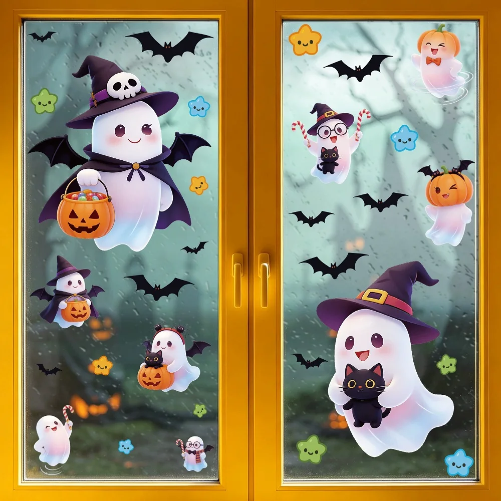 Halloween Decoration Cartoon Ghost Bat Pumpkin Window Stickers PVC Static Declas for Home Living Room Glass Door Showcase