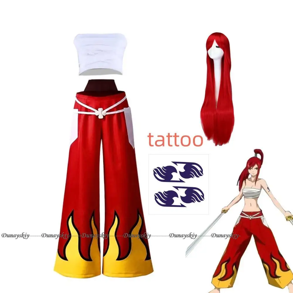 

Anime Cosplay Women Japanese Anime Role Erza Scarlet Costume Pants White Tube Tops Red Cool Set Dark Blue Tail Tattoo Sticker