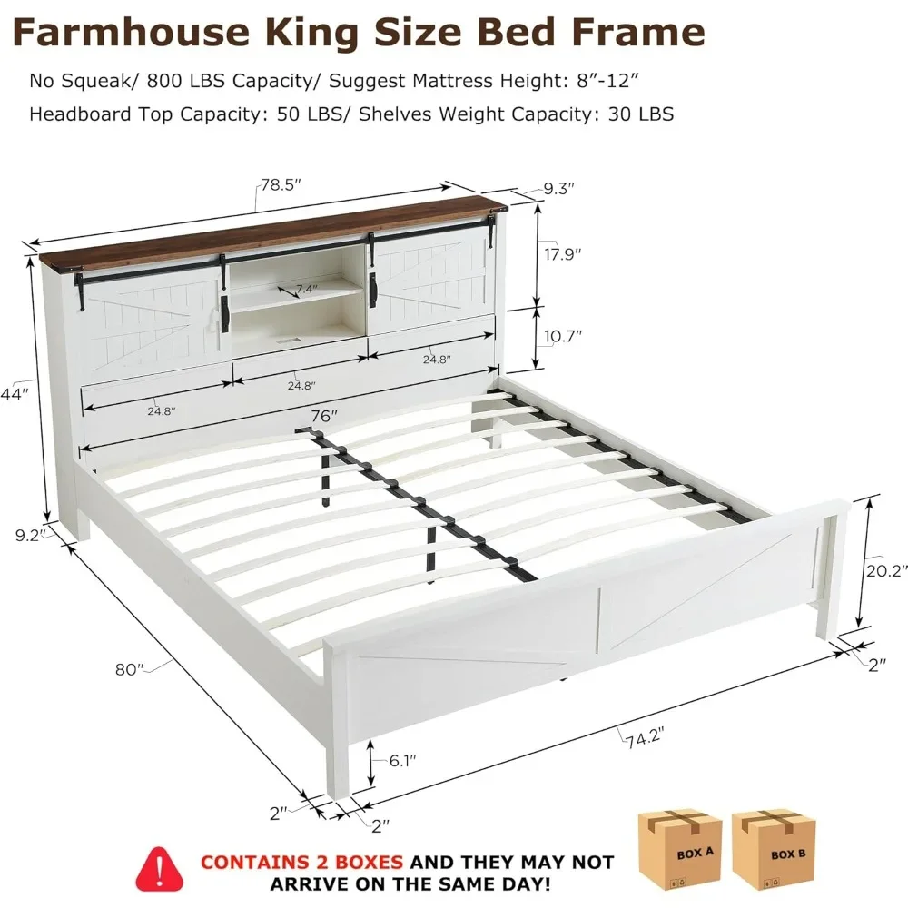 Bed Frame w/Storage Bookcase Headboard, Sliding Barn Door, Charging Station, Rustic Wood Platform Bed w/Wood Slats Support