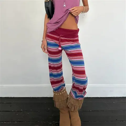 Women Low Rise Lounge Pants 90s Vintage Cottage Trousers Striped Y2K Comfy Wide Leg Pajama Pants Stretch Yoga Legging Bottoms