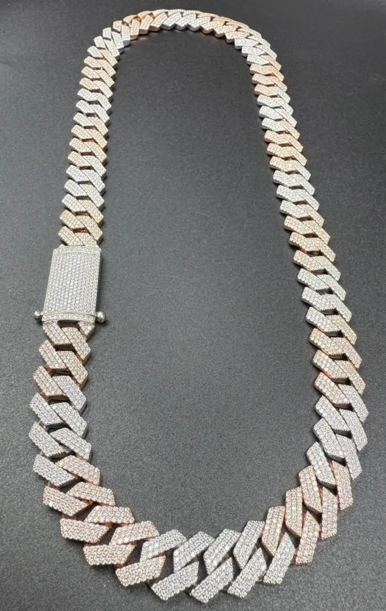 Men's Rhodium Plated Diamond Cuban Link Chain Necklace Hiphop Style 925 Silver Handmade Setting Round Brilliant Cut Stone，