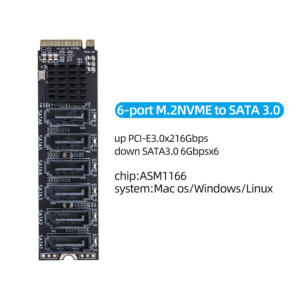 M.2 zu SATA 3.0 Riser Karte M2 M-KEY PCI-E Erweiterungskarte 5/6 Port SATA3.0 Konverter für NVME NGFF zu SATA SSD Adapter Karte 6 Gbit/s