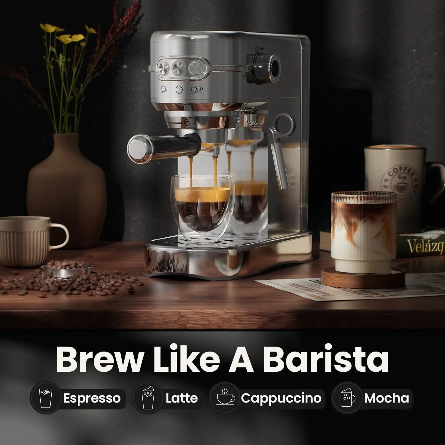 ماكينة اسبريسو - ماكينة صنع القهوة 20 بار مع عصا بخار رغوية: ماكينة صنع اسبريسو شبه أوتوماتيكية مدمجة بقدرة 1450 وات مع عرض قابل للإزالة بقدرة 35 أونصة