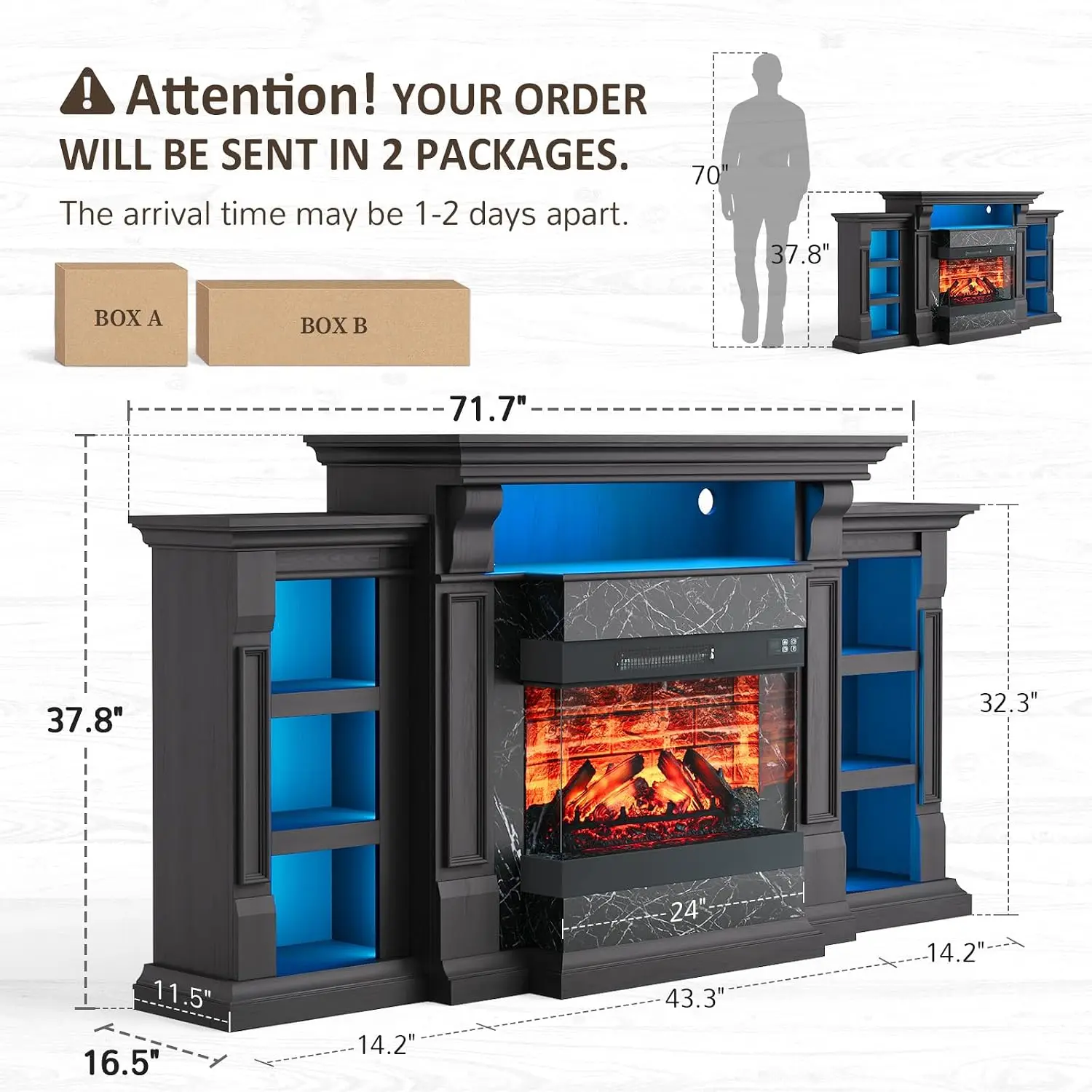 72” Electric Fireplace TV Stand w/ 3-Side Glass Heater, Marble Finish | LED & Power Outlet, Fireplace Mantel for, Customized