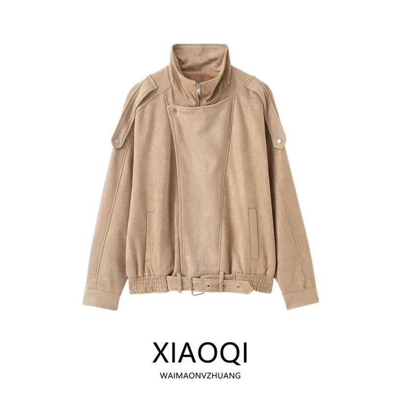 

2025 Autumn Winter New Women's Faion Design Loose All-Match Commute Suede Zipper Coat Long Sve Stand Collar Outerwear