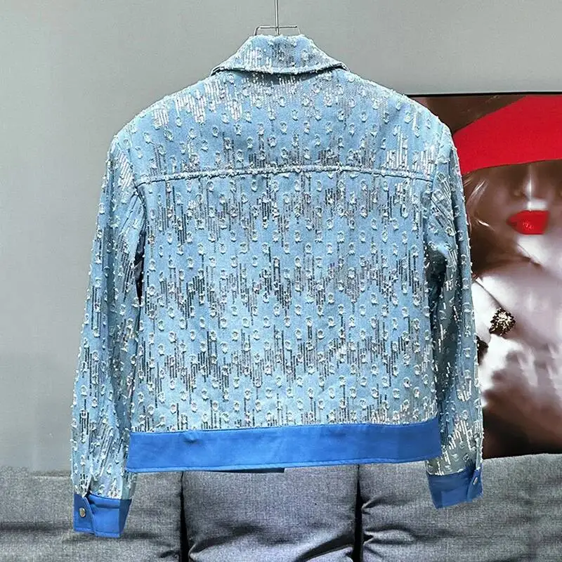 Korean Fashion New Metal Chain Decoration Hole Denim Jacket Autumn Winter Sequin Contrast Color Male Tops ASW3