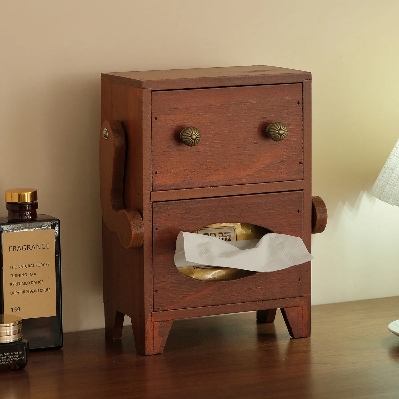 

Wooden Smiley Robot Tissue Box Drawer Type Desktop Storage Roll Paper Holder for Home Hotel Restaurant