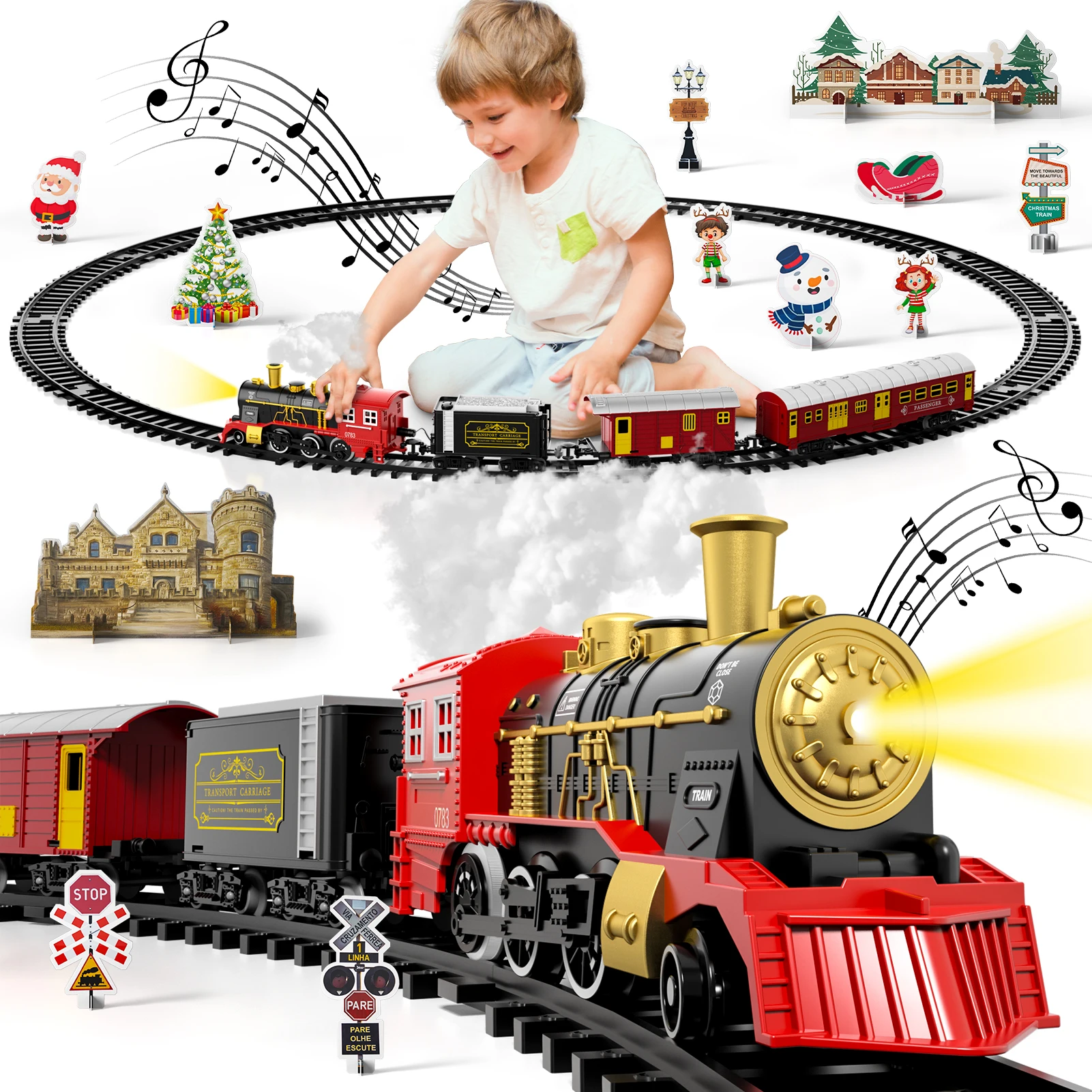 Juego de tren eléctrico para niños y niñas, juguetes clásicos de tren de Navidad, motor de locomotora de vapor, luces y sonido, pistas