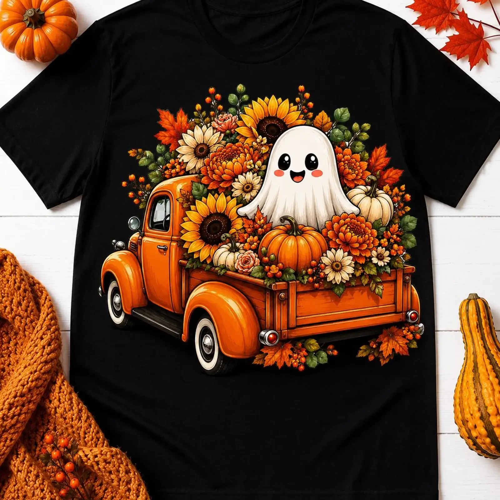 Cute Ghost Fall Truck T Shirt Spooky Season Vintage Pickup Pumpkin Patch Autumn Leaves Halloween Outfit  vintage Washed fashion