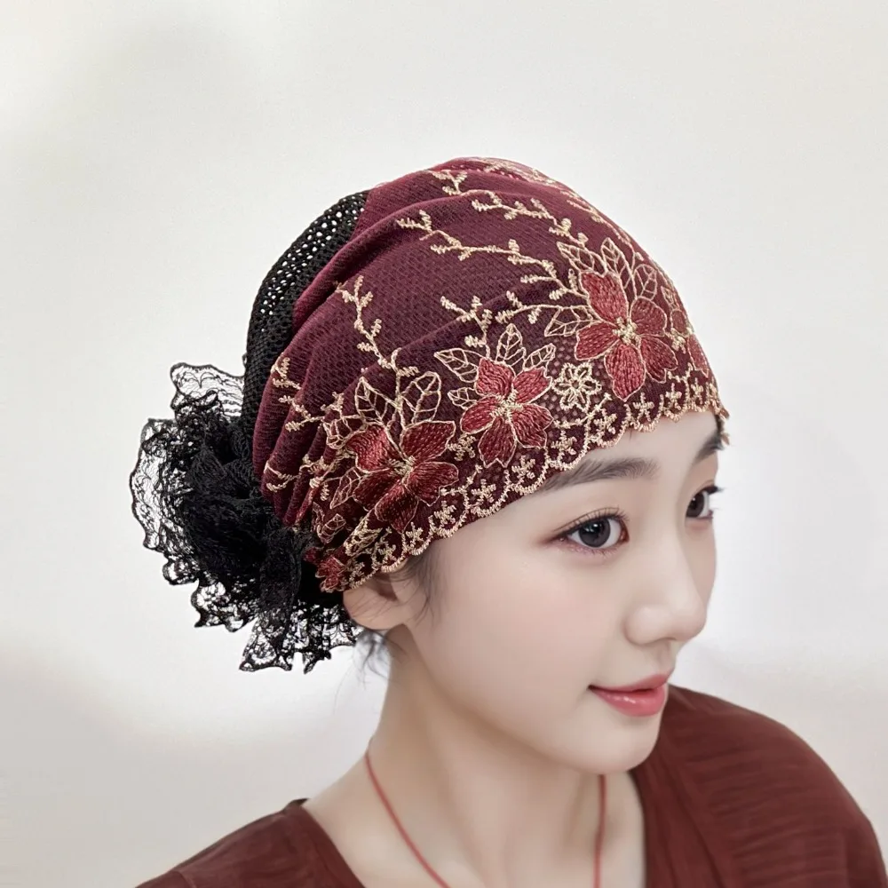 New Flower Embroidery Bonnet Hat Elastic Cover White Hair Headwear Breathable Full Cover Headscarf Summer