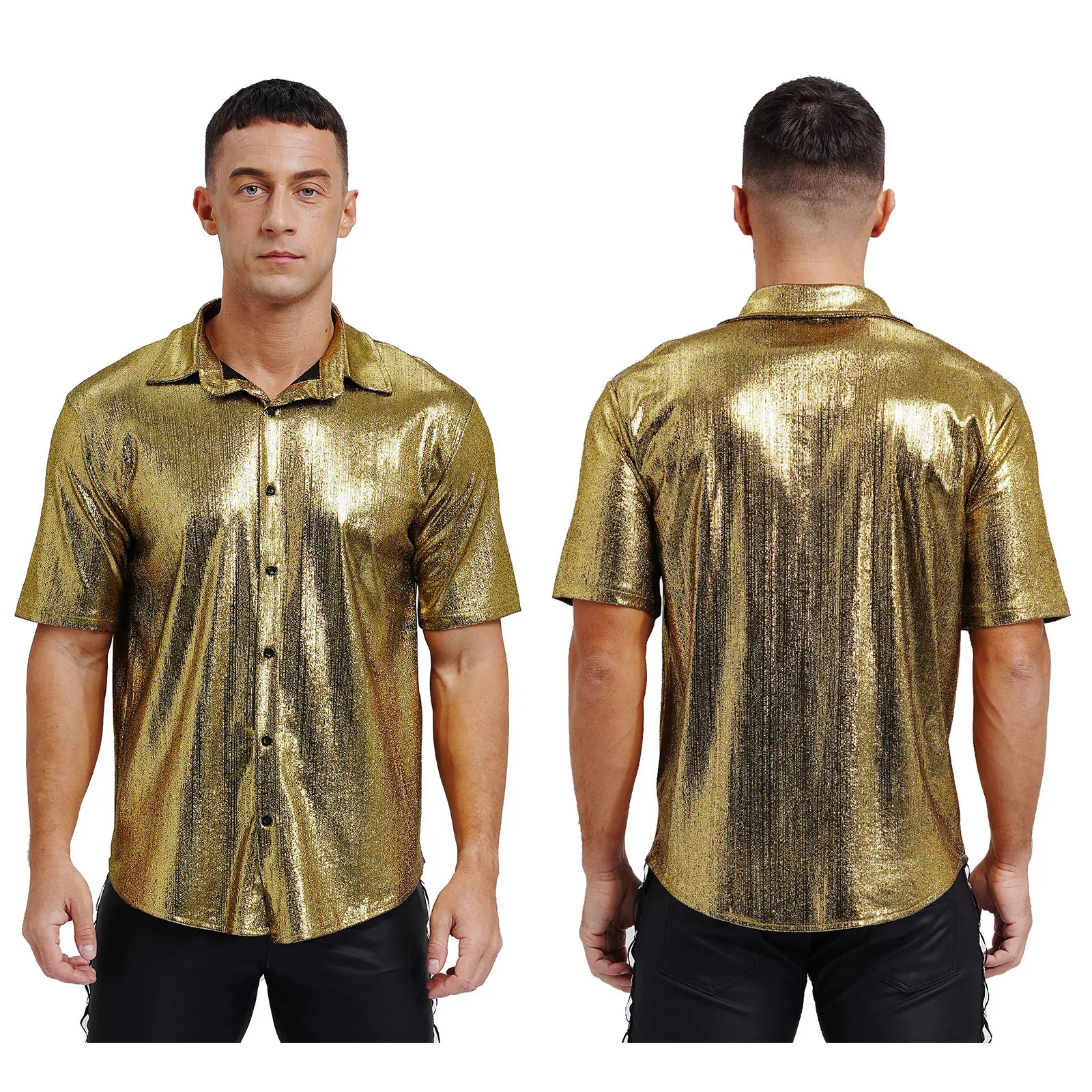 

Fashion Men's Shirt Disco Dance Costume Short Sleeve Shiny Metallic Turn-Down Collar Tee Tops for Party Nightclub Dancewear