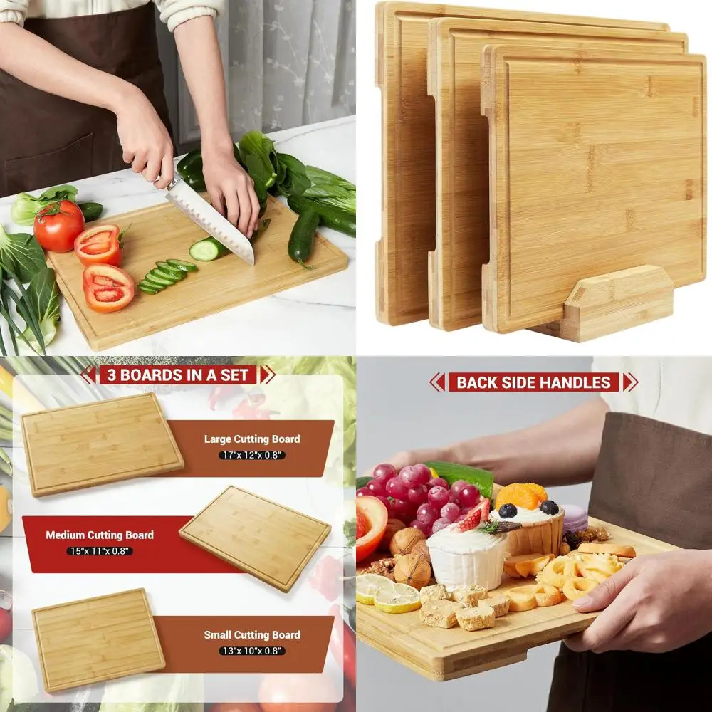 

Набор бамбуковых кухонных разделочных досок с держателем, идеально подходящий для приготовления еды, сервировки и зарядов