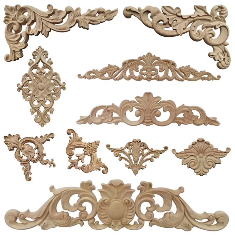 Natural Floral Wood Carved Crude Wood Wooden Figurines Crafts Unpainted Corner Appliques Frame Furniture Woodcarving Decorative